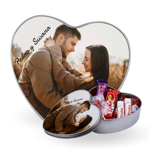 DEREGALOOS Caja de bombones de lata personalizada con foto. Lata en forma de corazón. Regalo para Parejas, San Valentín, Aniversarios. Blanca/Plata. Opción de añadir chocolates o chuches (Caja Plata)