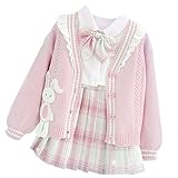 [YJSO] JK 制服 女の子 セットアップ 3点セット カーディガン ニット 白 ブラウス 長袖 プリーツスカート ピンク 可愛い 韓国 キッズ フォーマル スーツ スカートスーツ 130 JK制服 卒服 受験 卒園式 卒業式 通学 七五三 入学式 発表会