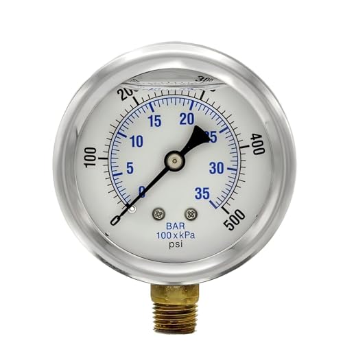 1/4" Male NPT Liquid Filled Lower Mount Pressure Gauge with 2.5" Dial - 0-500PSI - for Commercial or Industrial Hydraulic & Pneumatic Systems - Compressor Gauge Replacement