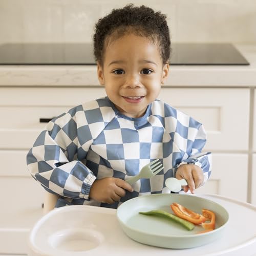 Image of Tiny Twinkle Long Sleeve Bib for Babies & Toddlers | Waterproof Smock Bib for Eating | Machine Washable & Mess-Proof Feeding Essentials | Newborn Shower Gift (Checkers Blue, 6-24M)