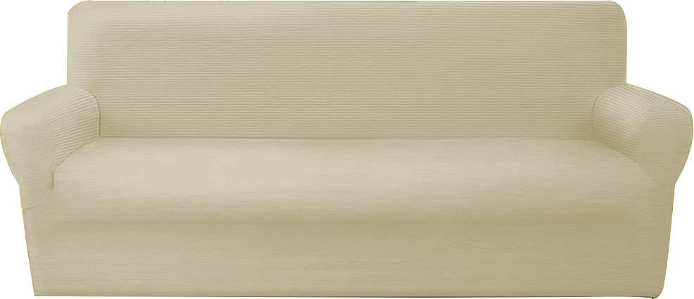 Housse de canapé 3 places extensible crème en tissu rayé avec accoudoirs universelle