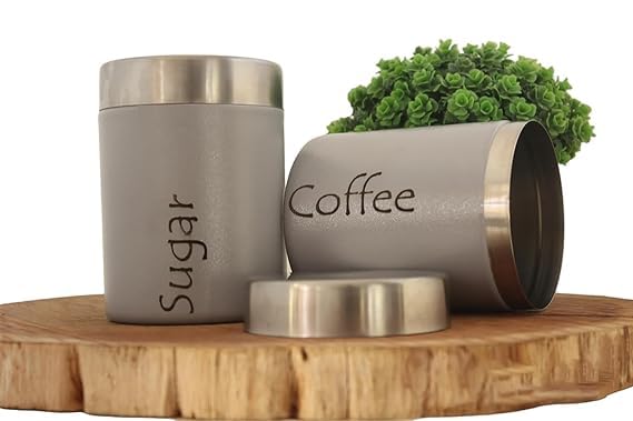 Image of Tea and Sugar Container Set of 2 - Steel Storage Jars (Coffee, Gray)