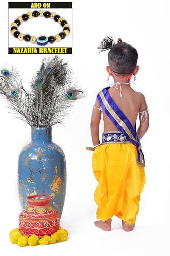 Image of Krishna Dress for Kids, Baby Krishna Dress for Janmashtami with Krishna Mukut, Peacock Feather & Flute Embroidered Krishna Costume for Girl & Boy, 3 Months-8 Years