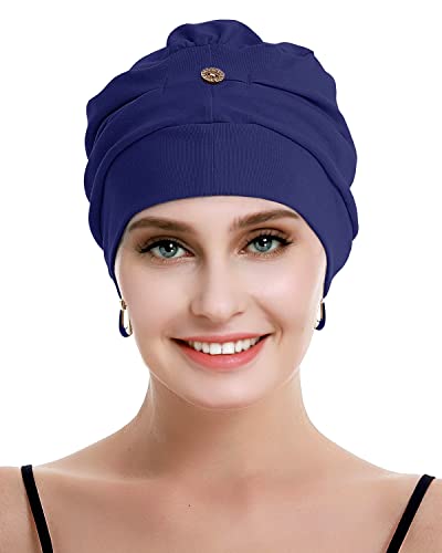 osvyo Gorro de algodón con quimioterapia para mujer con cáncer y pérdida de cabello, gorro de algodón, gorro ligero, embalaje sellado, azul marino, Talla única