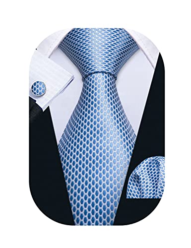 Image of Barry.Wang Plaid Ties Check Mens Necktie Set with Handkerchief Cufflinks Classic Stripe