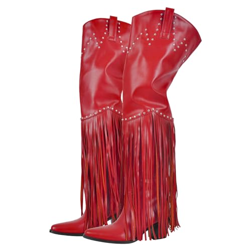 Image of richealnini Western Thigh High Cowboy Boots with Fringe Over Knee Wide Calf Cowgirl Boots