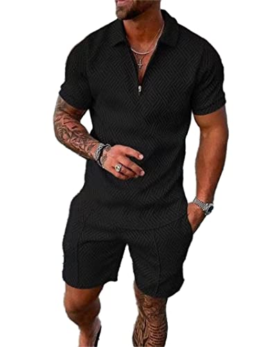 Mens Short Sleeve Tracksuit Set 2 Piece Summer Short Sleeve Polo Shirt and Shorts Set Casual Sport Suit (All Black, Medium)