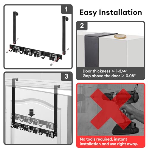 SLIIMU Besenhalterung über der Tür, Gerätehalter Aluminium, Besen Mop Halter Wandhalterung, Werkzeughalter Organizer mit 5 Halter und 4 Haken für Zuhause, Küche,Badezimmer, Garage, Garten