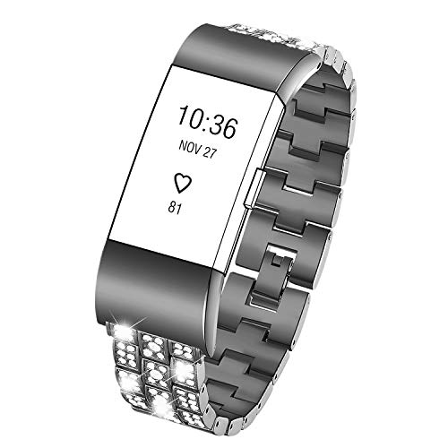Kaleidoc Bands Compatible Fitbit Charge 2 - Metal Accessories Replacement Bling Wristband with Rhinestone Bracelet Compatible Fitbit Charge 2 Bands Women Men/Large Small/Silver Black