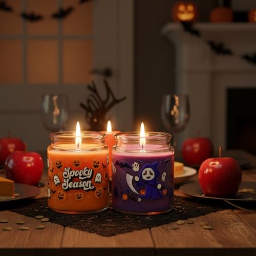 MORAINJAY 2 Jars Pumpkin Scented Candles for Halloween,Natural Soy Wax Candle for Home Scented,80 Hours Burn Time,Purple Orange Candle Gift Set,Aromatherapy Candles Present Halloween Decorations - Image 3