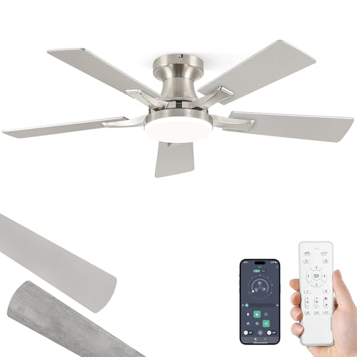 Image of ZMISHIBO 42 Inch Ceiling Fan with Light, App&Remote Control, Flush Mount Low Profile, Dimmable 20W LED Light, Quiet Reversible Motor for Bedroom, Living Room, Apartment, Nickel
