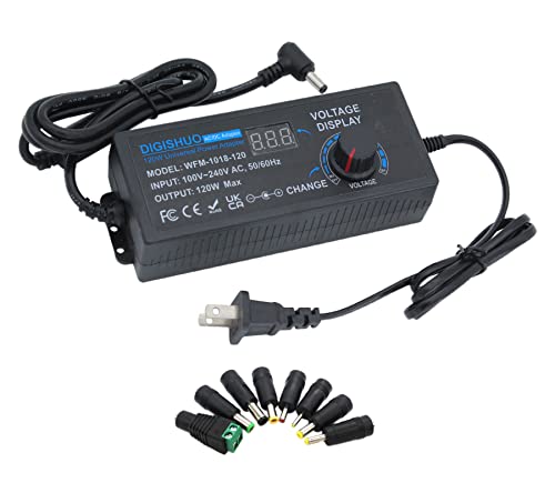 DIGISHUO 120W Power Supply Adjustable DC 3V ~ 12V 10A Variable Universal Switching AC/DC Adapter 100V-240V AC to DC Converter with LED Voltage Display and 8 Tips, for Household Electronics