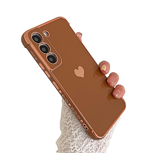 phylla Compatible with Samsung Galaxy S21+ Plus 6.7” 5g Case,Luxury Plating Cute Love Heart Side Small Pattern Phone Case,Full Camera Protection Soft Silicone Shockproof Bumper Cover (Brown)