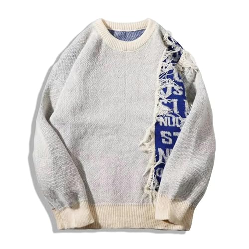 Knitted Pullover Sweater for Men Casual Fringe Color Blocking Jacquard Letter Design Student Sweater3
