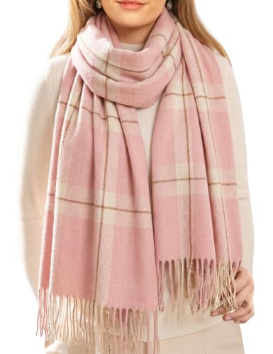 Image of Vijamiy Womens Winter Scarf, Soft Checked Tartan Scarf for Women, Long Warm Shawl Wrap with Tassels, Lightweight Ladies Scarf for Autumn Winter, Pink Plaid