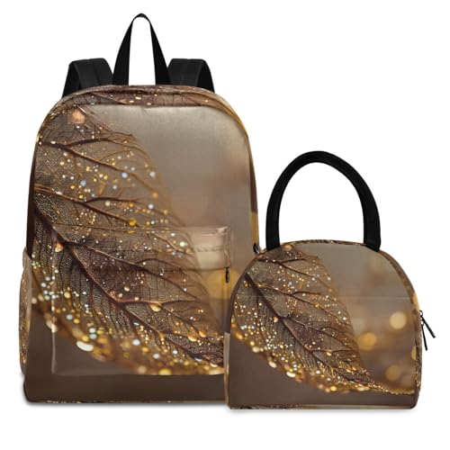 Backpack Lunch Box Set Large Capacity Travel Backpacks and Insulated Lunch Bag for Commute Hiking Picnic Bronze Leaf Print