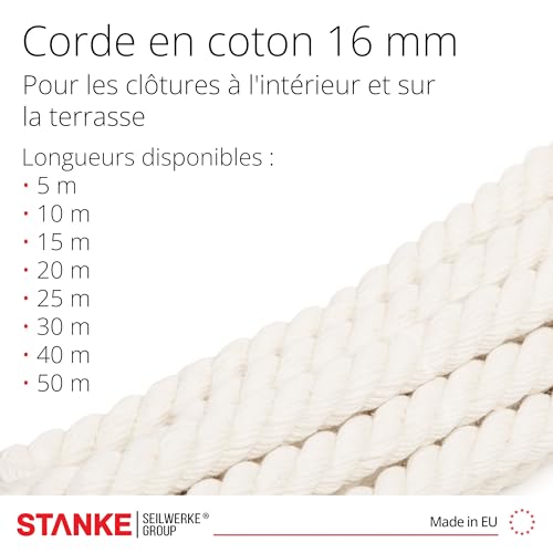 Seilwerk STANKE Corde Coton 16mm x 5m, torsadée en 3 brins - Corde Rampe escalier, pour séparation d'espaces, enroulement de poteaux – 100% Coton Naturel, Stable, absorbante, Facile à Nouer – vue 3