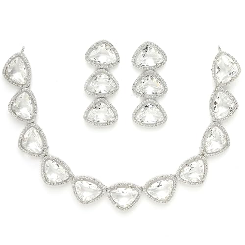 Image of ZENEME Rhodium Plated Silver Toned Triangular Shaped American Diamond Studded Jewellery Set For Women and Girl