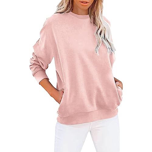 YCBMINGCAN Sudaderas para mujer, camiseta de manga larga, monocolor, informal, de gran tamaño, sin capucha, sudadera para exteriores, ropa de calle, camisas, blusa, jersey ligero, #1-rosa, L