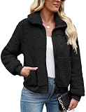 LOMON Women Winter Faux Shearling Shaggy Coats Full Zip Fuzzy Fleece Jacket Warm Patchwork Sherpa Outerwear Black,M