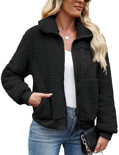 LOMON Women Winter Faux Shearling Shaggy Coats Full Zip Fuzzy Fleece Jacket Warm Patchwork Sherpa Outerwear Black,L