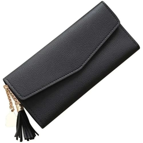 Carteira Feminina Estilo Envelope com Zíper, Pingente Decorativo de Coração e Borla (Preto)