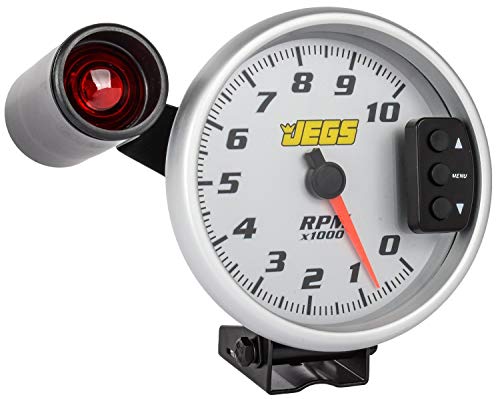 JEGS 5â€ Tachometer | Silver Face With Silver Bezel | 0-10,000 RPM Range | Super-Bright LED Shift Light | One-Touch Peak RPM Recall | Mounting Bracket Included