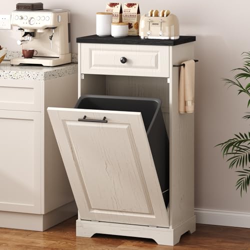 Function Home Trash Can Cabinet, 13 Gallon Tilt Out Trash Cabinet, Wooden Kitchen Garbage Can with Hideaway Drawer, Pet Proof Trash Can Holder for Kitchen Living Room, Antique White with Black Top