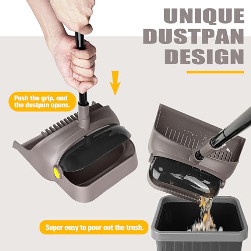 JEHONN Besen und Kehrschaufel Set mit Langem Stiel 138CM, 180 Grad Drehen Kehrbesen, Öffnende Schaufel Schwanz, Broom and Dustpan für Haus, Büro, Lobbykehr (Braun Gelb) – Bild 3