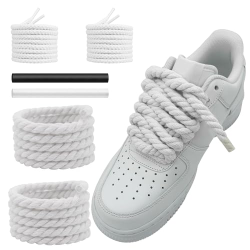 NDTEZUGT 13/32''(1cm) Thick Rope Shoe Laces Strings for Air Force 1, Round Cotton Chunky Shoelaces Replacement Laces for Sneakers (White-02, 54''/140cm)