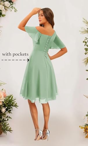 One Shoulder Short Bridesmaid Dresses with Pockets Puffy Sleeve Ruffled Chiffon Formal Party Gown2