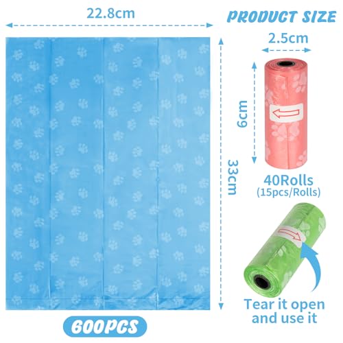 KOMABLEN 600 Stück Hundekotbeutel biologisch Abbaubar, 40 Rollen Kotbeutel für Hunde, Auslaufsicher Hundebeutel Kot, Tragbar Dick Hundetüten Hundezubehör mit Kotbeutelspender 33x22.8cm(5 Farben)