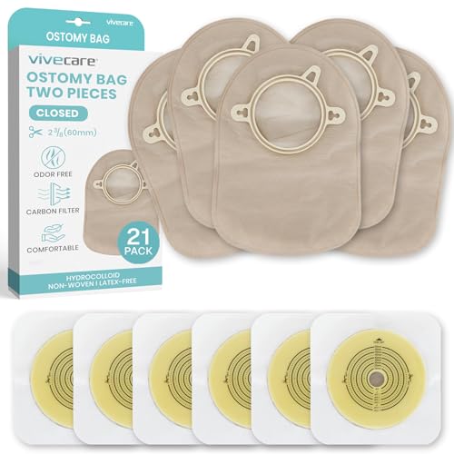 Vive 21 PCS Colostomy Bags (15 Bags and 6 Barriers) - Two Piece Drainable Ostomy Pouch for Colostomy, Ileostomy - Odor Resistant, Skin-Friendly Ostomy Supplies for Stoma Care (Closed System)