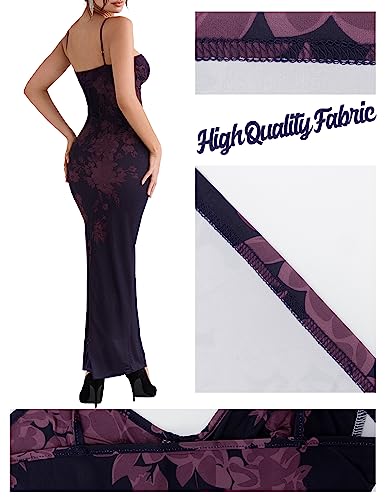 Image of Womens Sexy V Neck Satin Maxi Dresses Spaghetti Strap Floral Print Dresses Slim Fit Elegant Long Dresses Night Party Outfits