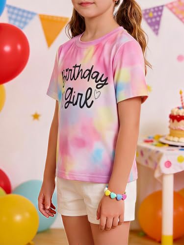Image of Girls' Birthday Girl Letter Print T-Shirt with Bracelet, Pink, Size 4-12Y, Short Sleeve