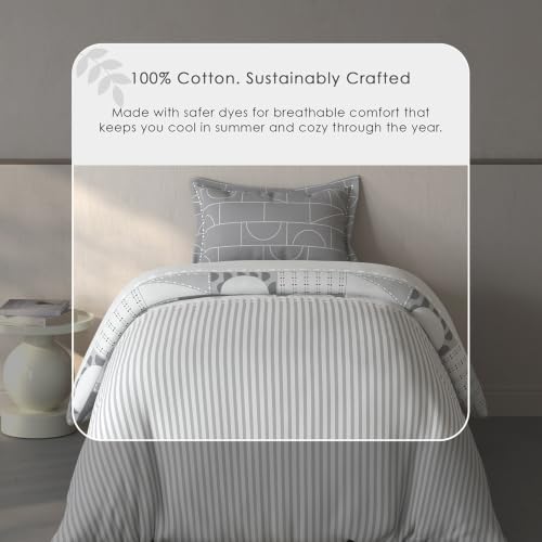 Image of Spaces Fiora Geometric Single Bedsheet with 1 Pillow Covers | 100% Cotton Bed Sheet | Percale Bedding Set | Super Soft & Breathable Bedsheet | Light Grey | 152 x 228 Cm