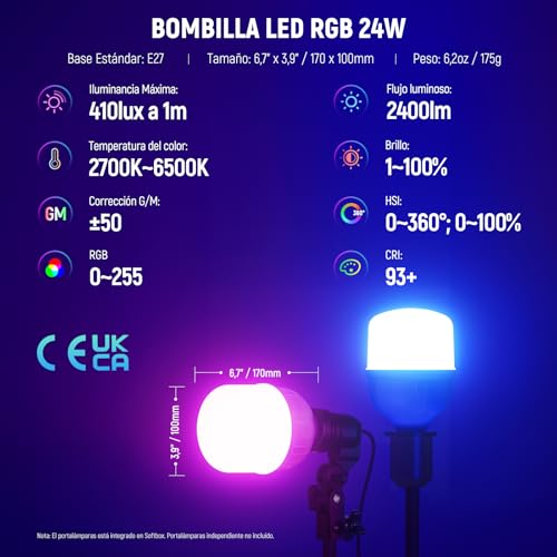 NEEWER RGB Kit de Iluminación Softbox con Control de App y 9 Modos de Efecto,2 Pack 24W Bombillas LED CRI93+ TLCI98+ Certificadas CE/UKCA,Casquillo E27,Softboxes 24",para Luz Fotografía Estudio,NK800 - imagen 2