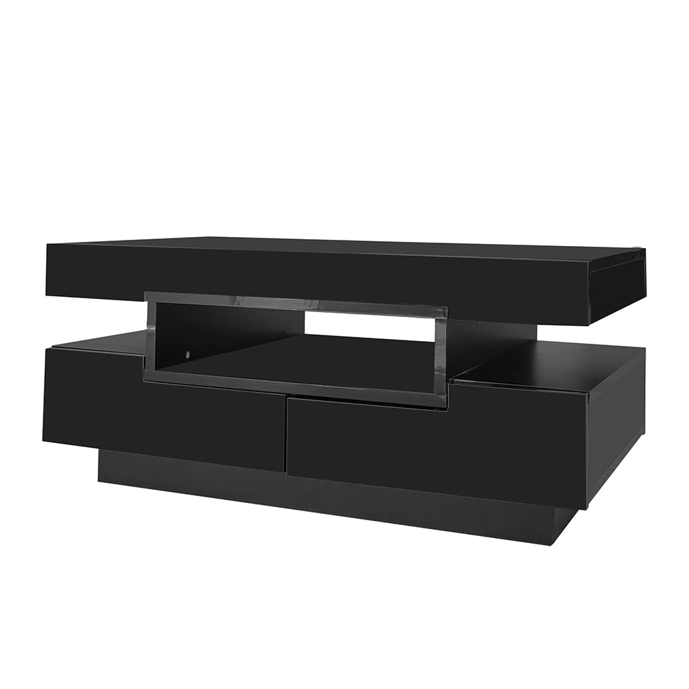 Table basse noire brillante avec LED et 4 tiroirs pour rangement salon