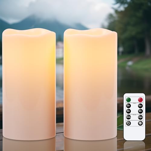Image of Eldnacele 8 inch x 4 inch Waterproof Outdoor Large Flameless Candles Remote and Timer, Battery Operated White Plastic LED Flickering Pillar Candles 2 Pack Dinner Wedding Porch Garden Lanterns Home Decor