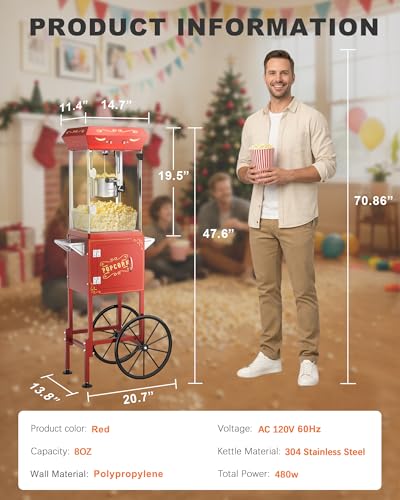 Image of 8 oz Popcorn Machine Cart, Pop corn Maker Machine Makes Up to 32 Cups, Movie Theater Pop corn Machine with Stainless-Steel Kettle&Heated Warming Deck, Red