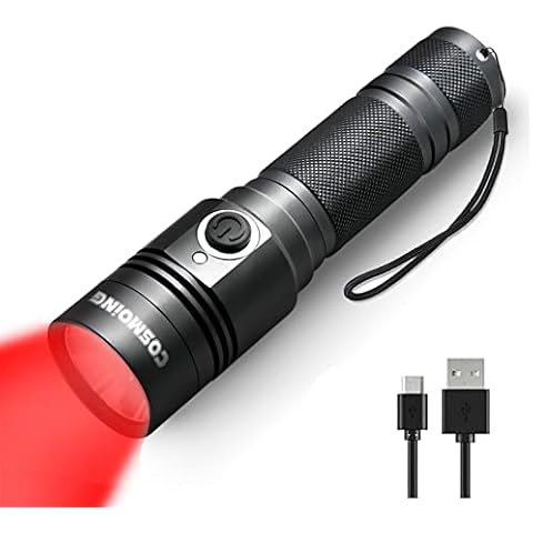 COSMOING High Power Red LED Flashlight Rechargeable, 300 Yards Red Flashlight IP65 Waterproof Red Light Torch for Night Observation, Camping Cover