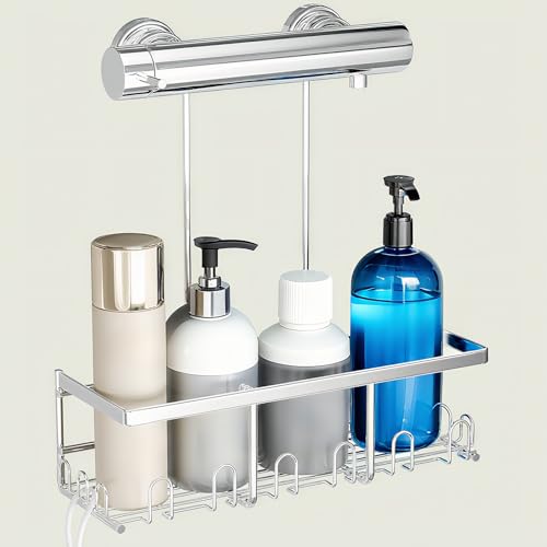 #VerdientProvisionen<br>Duschablage Zum Hängen Duschkorb Ohne Bohren | Duschregal Hängen mit 12 Haken | Shampoo Halterung Für Dusche (Silber)