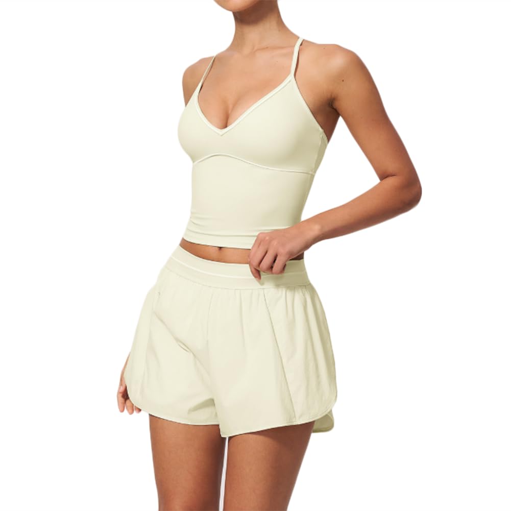 Conjunto deportivo 2 piezas camiseta halter escote V de secado rápido | Conjunto camiseta deportiva halter escote V y shorts deportivos 2 en 1 de talle alto, costuras en contraste, tela de secado r