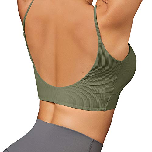 VETIOR Workout Crop Tops for Women Sets Padded Longline Athletic Bra Fancy Sports Bra U-Back Low Impact Army Green