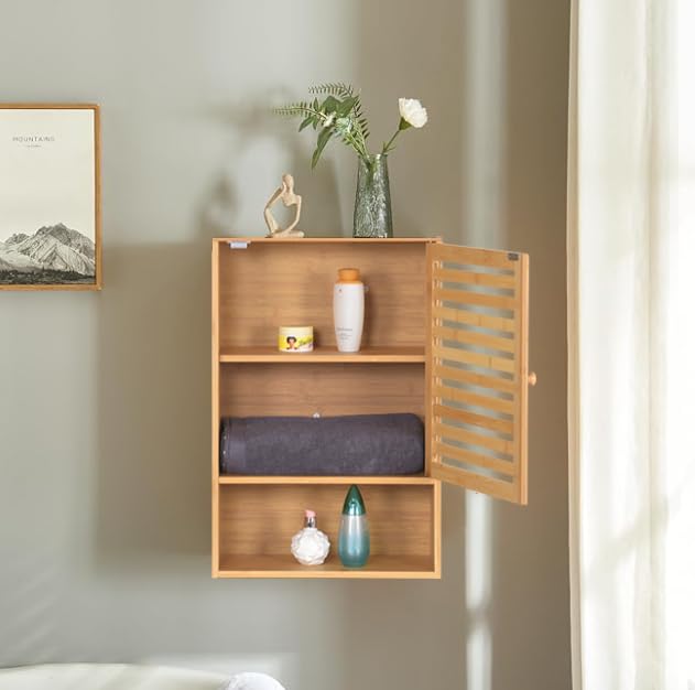 Armoire Murale Salle De Bain En Bambou - 60x40x20 Cm - Porte Et étagères Ouvertes - Design Naturel, Montage Facile - 2