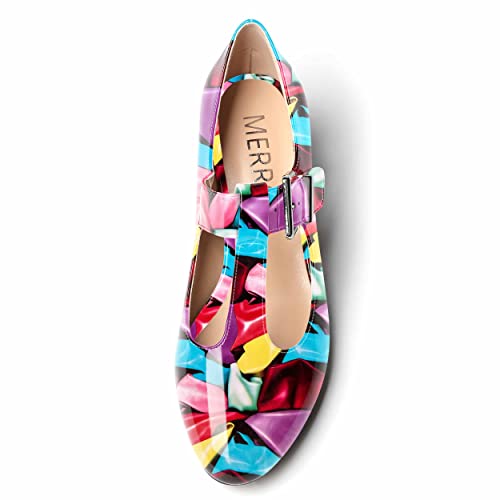 MERRORI Women's Buckle Round Toe T Strap Block Solid Patent Block Low Heel Pumps Shoes 2 Inch3