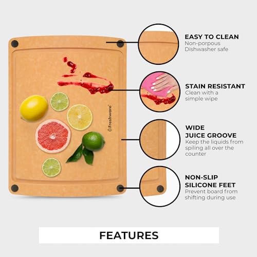 Image of Freshware Wood Cutting Board for Kitchen, Juice Groove, Non-Slip Silicone Feet, Dishwasher Safe, Large, 15 inch x 11.25 inch, Natural