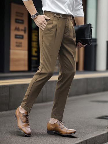 SweatyRocks Men's High Waist Fold Pleated Crop Suit Pants Work Office Business Long Trousers with Pockets3