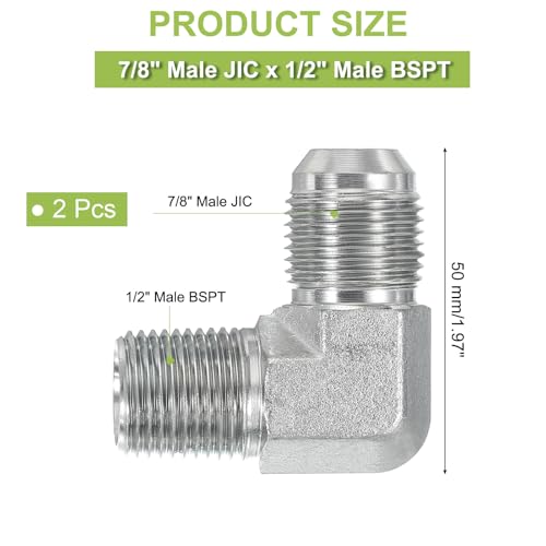 Image of PATIKIL 90 Degree Pipe Adapter, 2 Pcs 7 /8 inch Male 37 Flare JIC x 1 /2 inch BSPT Male Connector Carbon Steel Elbow Fitting for Air Hydraulic Fluid Fuel Water Oil, Silver
