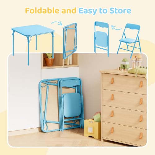 Image of JOYMOR Kids Folding Table and Chairs Set, 3-Piece Metal Frame Activity Set with Easy-Fold Design for Playroom & Classroom, Blue